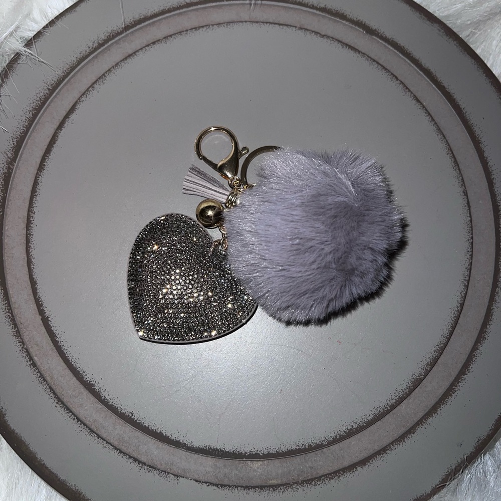 Crystal Rhinestone Heart w/ Faux Fur Puff Keychain Purse Charm